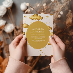 Invitación Elegante Boda Celestial de Oro Luna y Estrellas