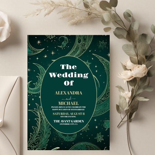 Invitación Elegante Boda Celestial de Verde Esmeralda y Oro (Subido por el creador)