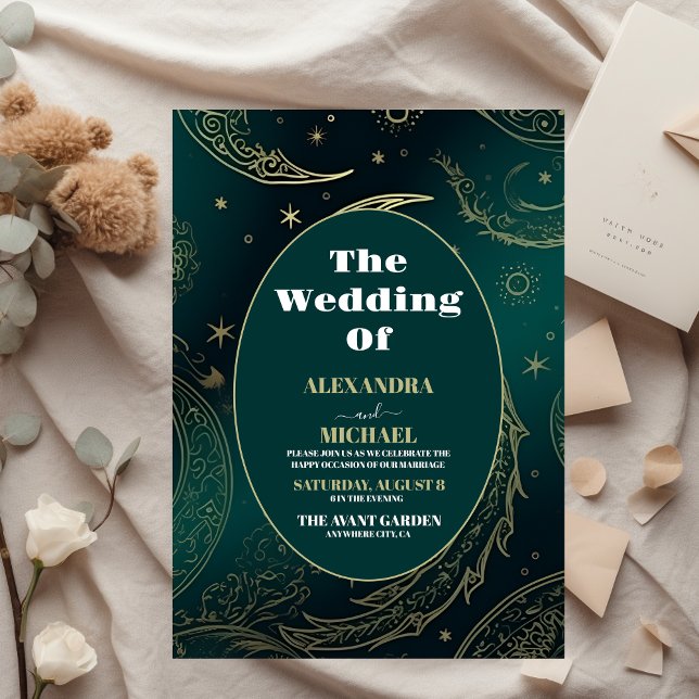 Invitación Elegante Boda Celestial de Verde Esmeralda y Oro (Subido por el creador)