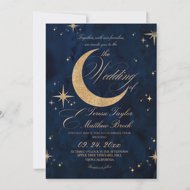 Invitación Elegante Boda Celestial en Oro y Azul  (Anverso)