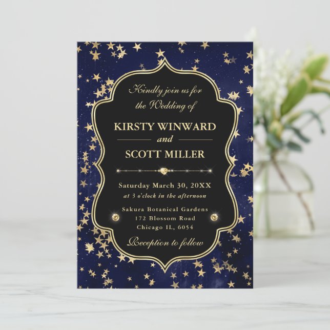 Invitación Elegante Boda Celestial Estrellada de Azul Marino  (Anverso de pie)