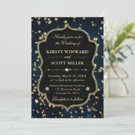 Invitación Elegante Boda Celestial Estrellada de Azul Marino 
