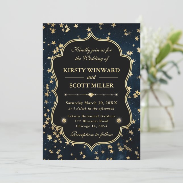 Invitación Elegante Boda Celestial Estrellada de Azul Marino  (Anverso de pie)