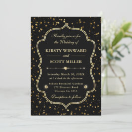 Invitación Elegante Boda Celestial Estrellada de Negro y Dora