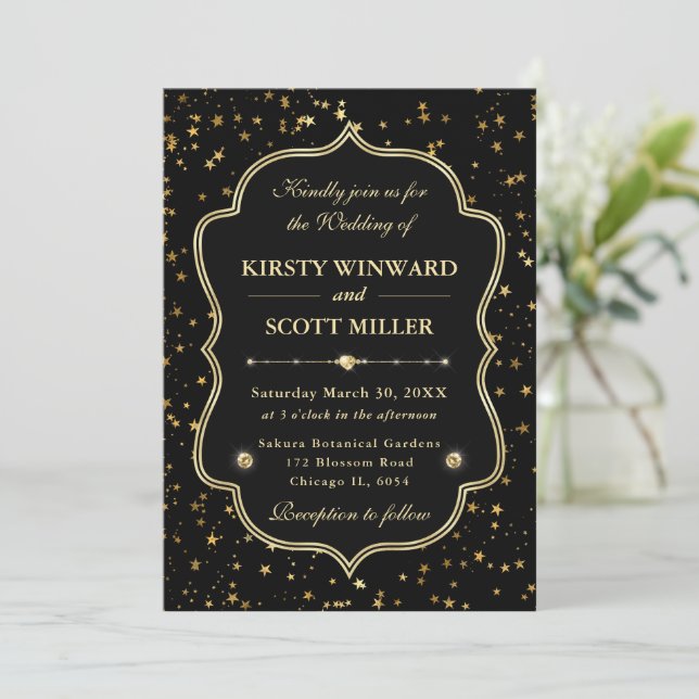 Invitación Elegante Boda Celestial Estrellada de Negro y Dora (Anverso de pie)