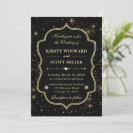 Invitación Elegante Boda Celestial Estrellada de Negro y Dora