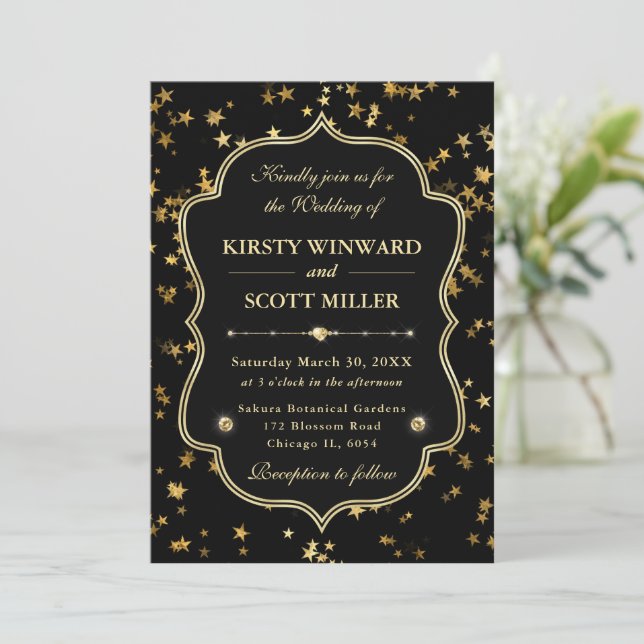 Invitación Elegante Boda Celestial Estrellada de Negro y Dora (Anverso de pie)