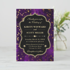 Invitación Elegante Boda Celestial Estrellada de Púrpura y Do