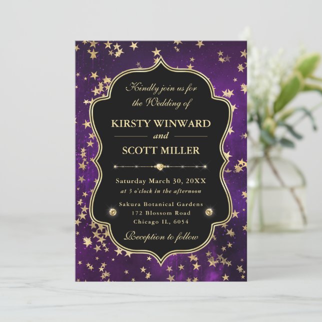 Invitación Elegante Boda Celestial Estrellada de Púrpura y Do (Anverso de pie)