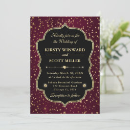 Invitación Elegante Boda Celestial Estrellada de Rojo y Dorad