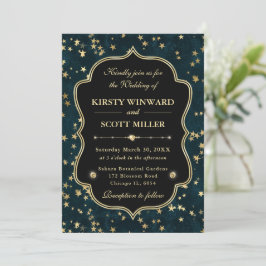 Invitación Elegante Boda Celestial Estrellada en Verde Acuari