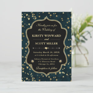 Invitación Elegante Boda Celestial Estrellada en Verde Acuari