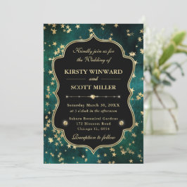 Invitación Elegante Boda Celestial Estrellada Verde y Dorado