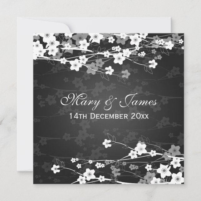 Invitación Elegante Boda cerezo flor negro (Anverso)