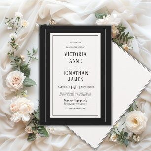 Invitación Elegante Boda Chic de Negro y Crema