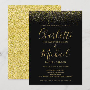 Invitación Elegante Boda Chic Negra y Dorada con Glitter Scri