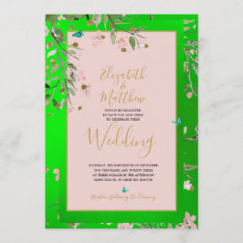 Invitación Elegante Boda Chinoiserie color rosa dorado verde 