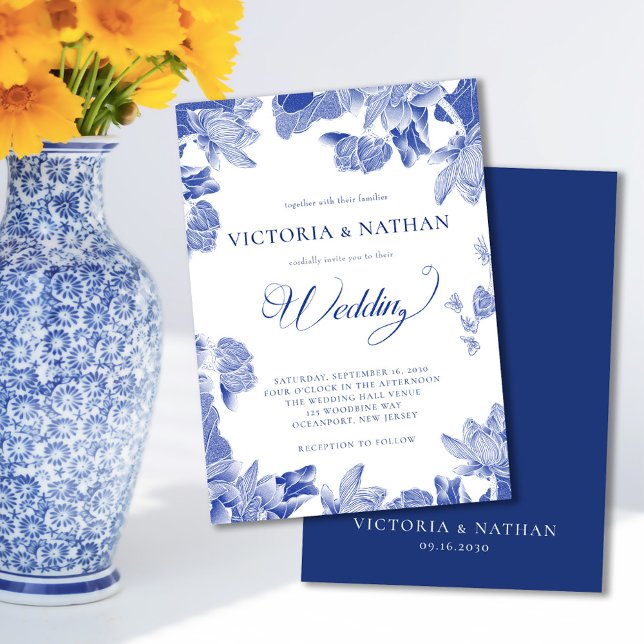 Invitación Elegante Boda Chinoiserie floral azul blanco (Subido por el creador)
