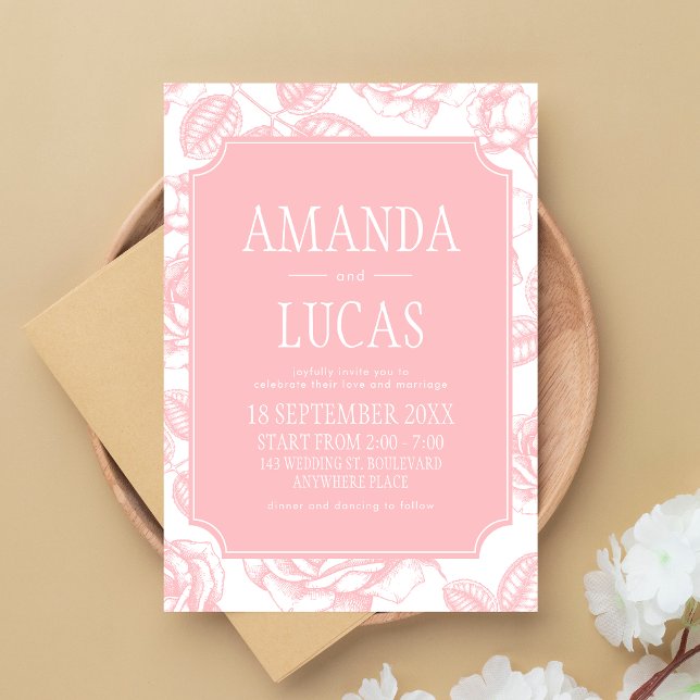 Invitación Elegante Boda Chinoiserie rosa Dusty (Dusty Pink Vintage Elegant Wedding Invitation)