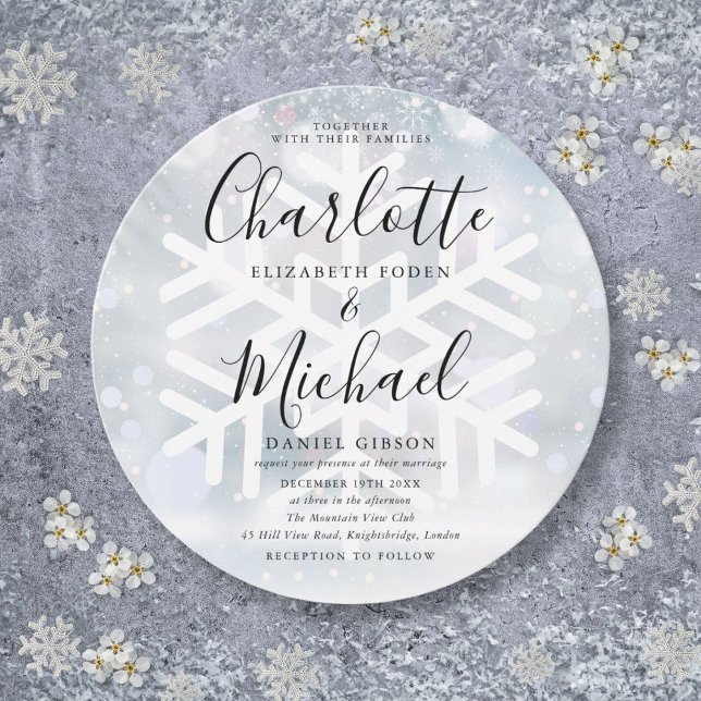 Invitación Elegante Boda circular de copos de nieve en invier (Elegant Winter Snowflakes Circular Wedding Invitation)