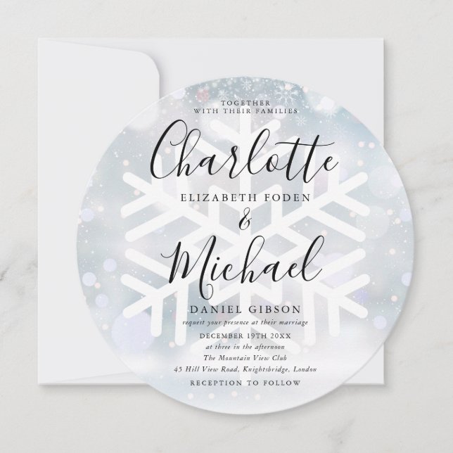 Invitación Elegante Boda circular de copos de nieve en invier (Anverso)