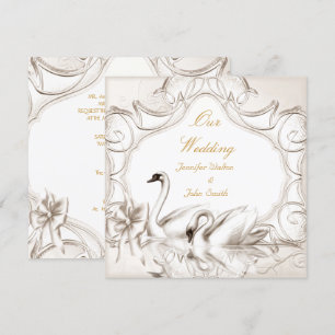 Invitación Elegante boda cisnes crema blanca lazo