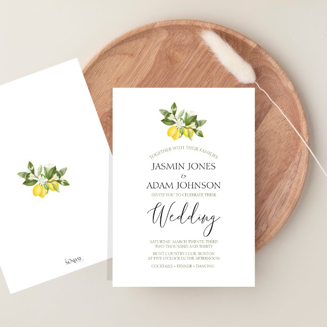 Invitación Elegante Boda Citrus Lemon Greeneration (Citrus Lemons and Greenery Summer Fruits Wedding Invitation)