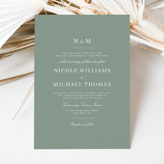 Invitación Elegante Boda Clásica con Monograma en Verde Salvi