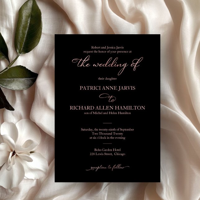 Invitación Elegante Boda Clásica con Rosa de Oro Negro en Let (Subido por el creador)