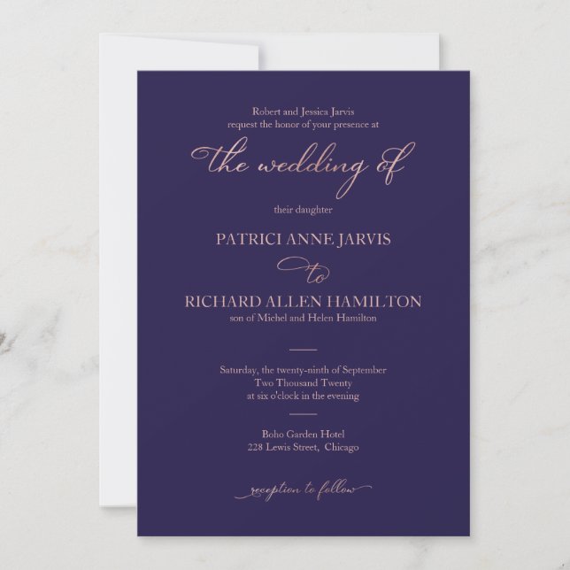 Invitación Elegante boda clásica de azul marino y oro rosa co (Anverso)