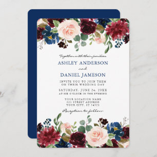 Invitación Elegante Boda Clásica de color Azul Floral