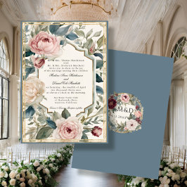 Invitación Elegante Boda Clásico Azul Floral Vintage Francés