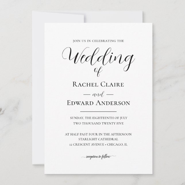 Invitación Elegante Boda Clásico Blanco y Negro (Anverso)