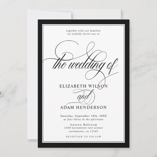 Invitación Elegante Boda Clásico Blanco y Negro (Anverso)