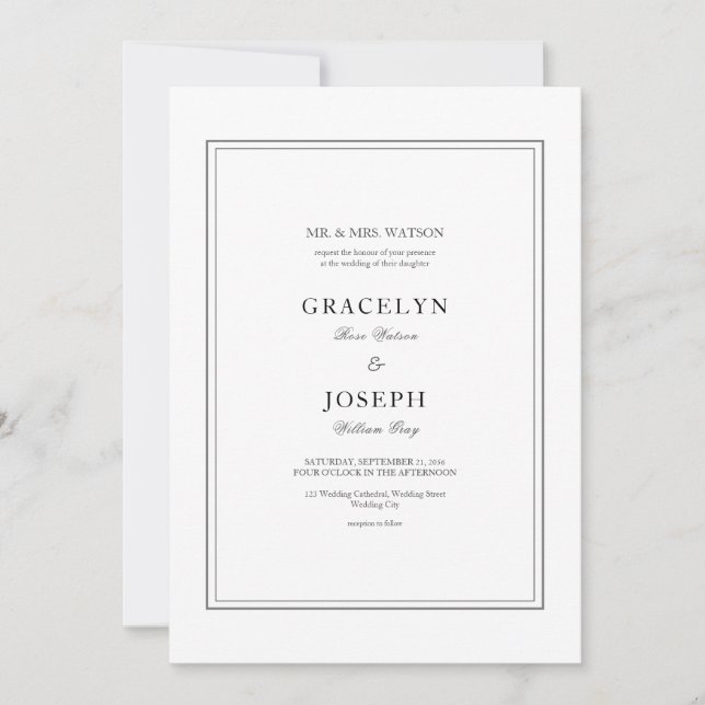 Invitación Elegante Boda clásico blanco y negro (Anverso)
