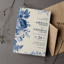 Invitación Elegante Boda clásico crema y floral azul francés
