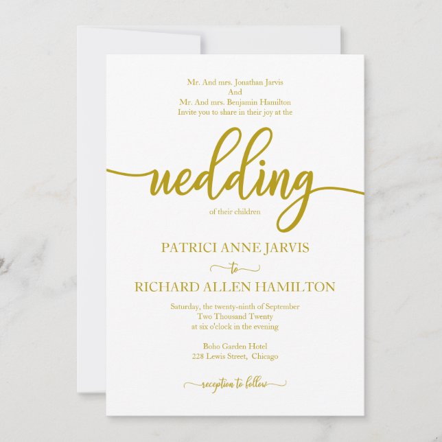 Invitación Elegante Boda clásico de caligrafía dorada (Anverso)