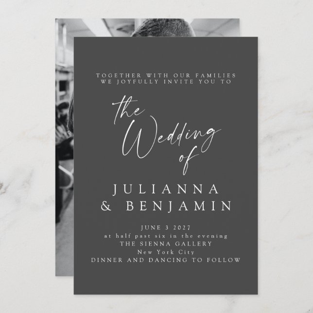 Invitación Elegante Boda Clásico de Fotos con Guión Negro (Anverso / Reverso)