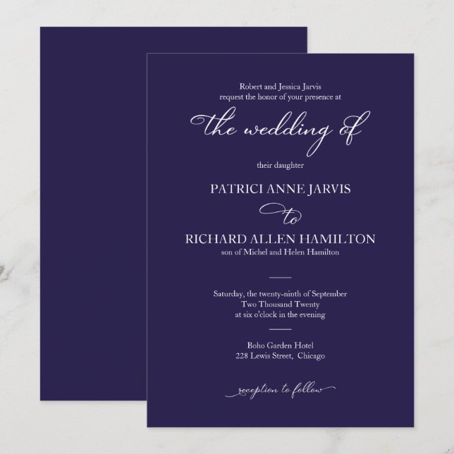 Invitación Elegante Boda Clásico De Guión Azul Y Blanco De La (Anverso / Reverso)