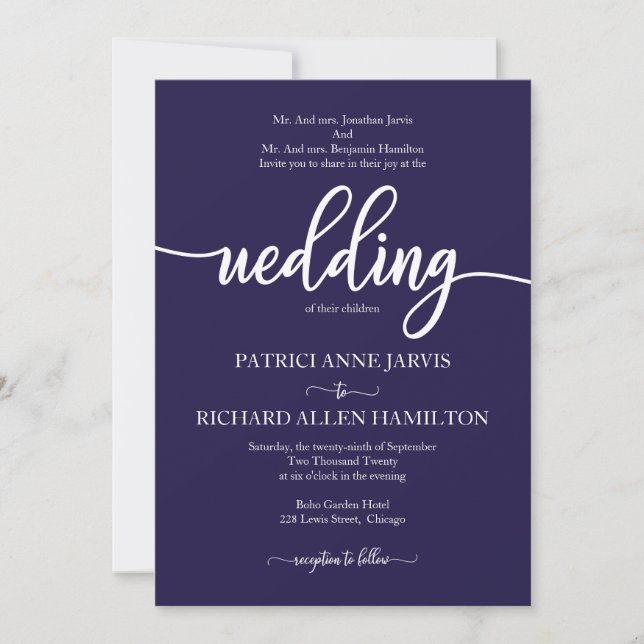 Invitación Elegante Boda Clásico de la Marina Azul (Anverso)