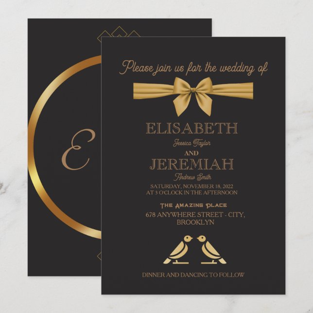 Invitación elegante boda clásico de lujo de oro negro (Anverso / Reverso)