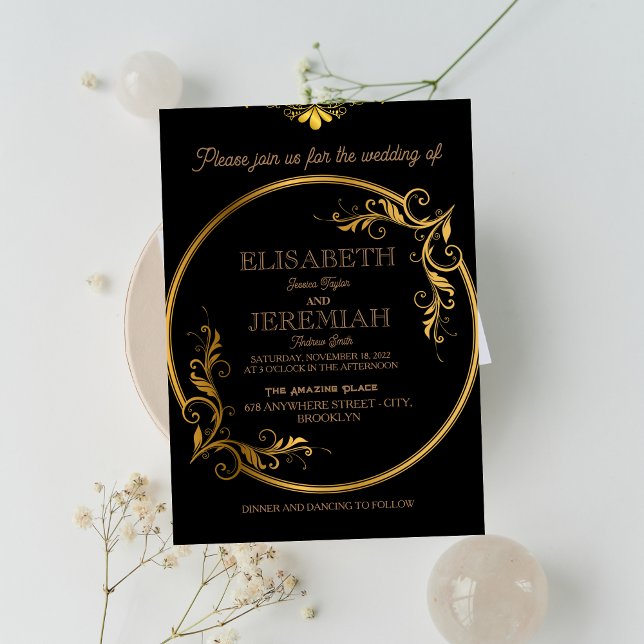Invitación elegante boda clásico de lujo de oro negro (Subido por el creador)