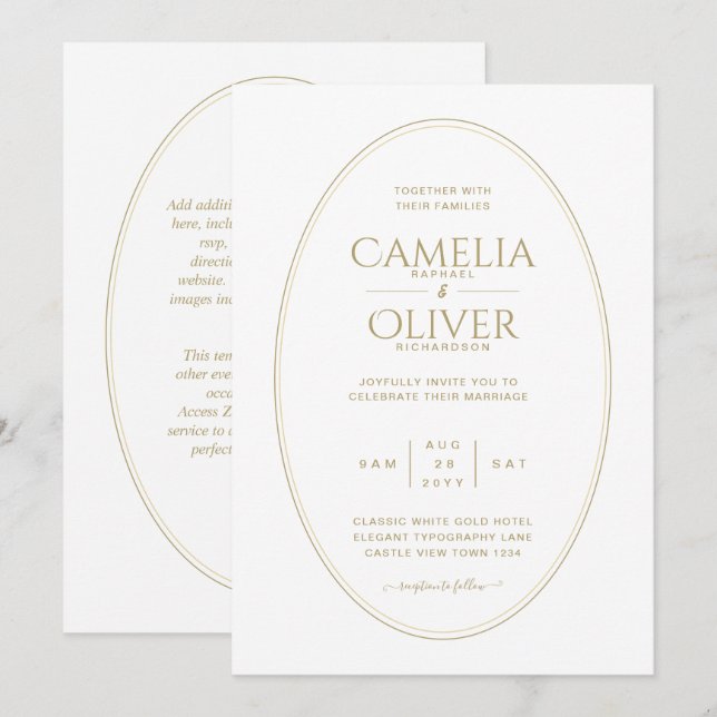 Invitación Elegante Boda clásico de oro blanco monocromo (Anverso / Reverso)