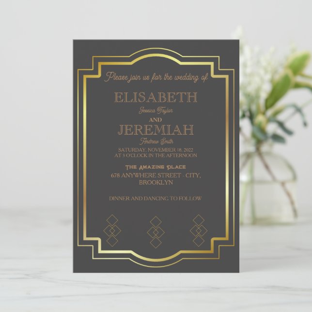 Invitación elegante boda clásico de oro gris de lujo (Anverso de pie)