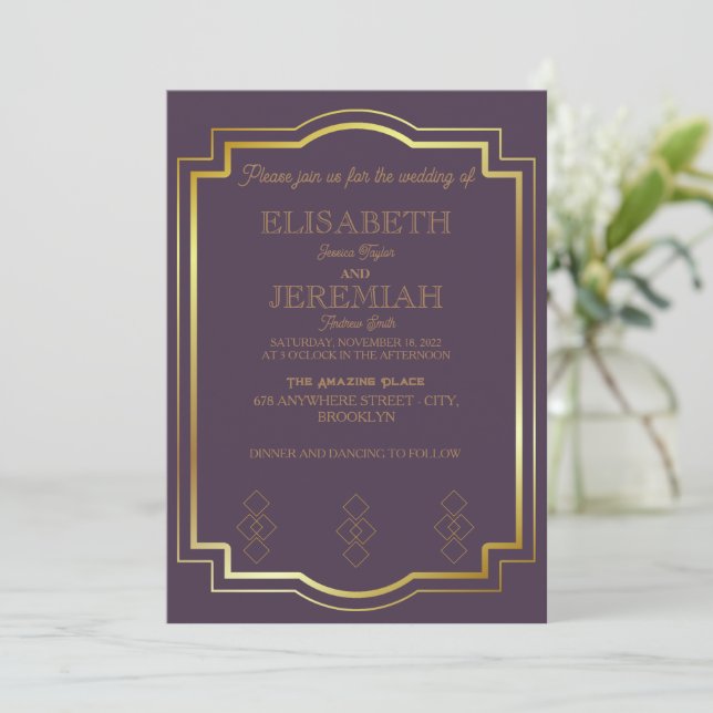 Invitación elegante boda clásico de oro violeta (Anverso de pie)