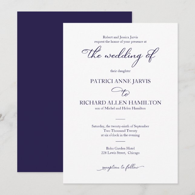 Invitación Elegante Boda clásico del guión azul de la marina (Anverso / Reverso)