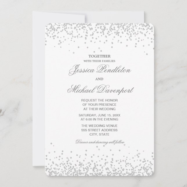 Invitación Elegante Boda clásico Purpurina plateado blanco (Anverso)