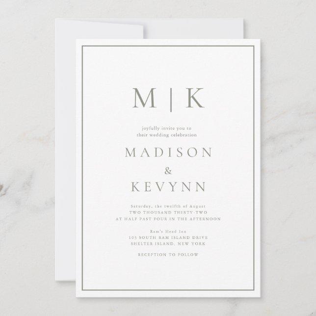 Invitación Elegante Boda Clásico Verde y Blanco (Anverso)