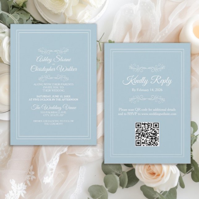 Invitación Elegante Boda Código QR Azul Celeste Blanco Polvor (Elegant dusty blue QR code wedding invitation)