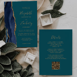 Invitación Elegante Boda Código QR Azul Marino Ágata Dorada V